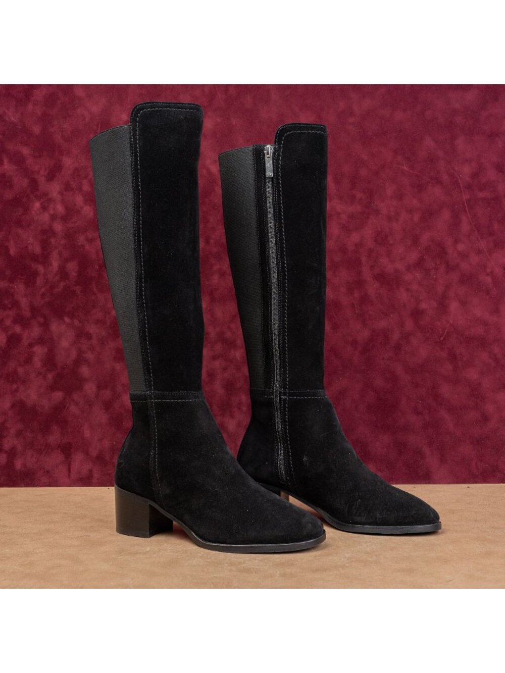 Aquatalia Women Nova Black Suede Classic Riding Stretch Panel Tall Boots sz 6.5